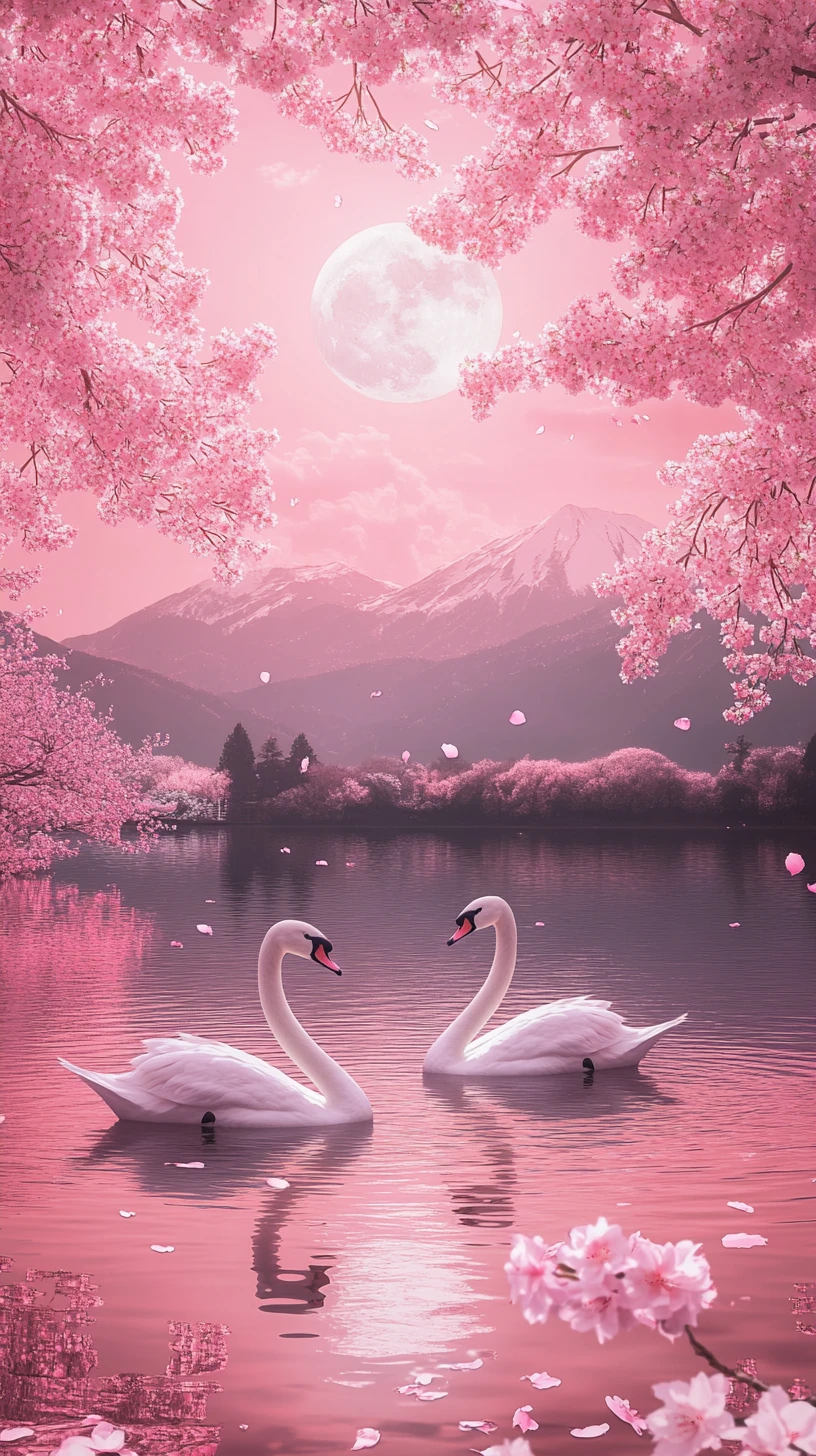 Deux cygnes sur un lac rose sous des cerisiers en fleurs