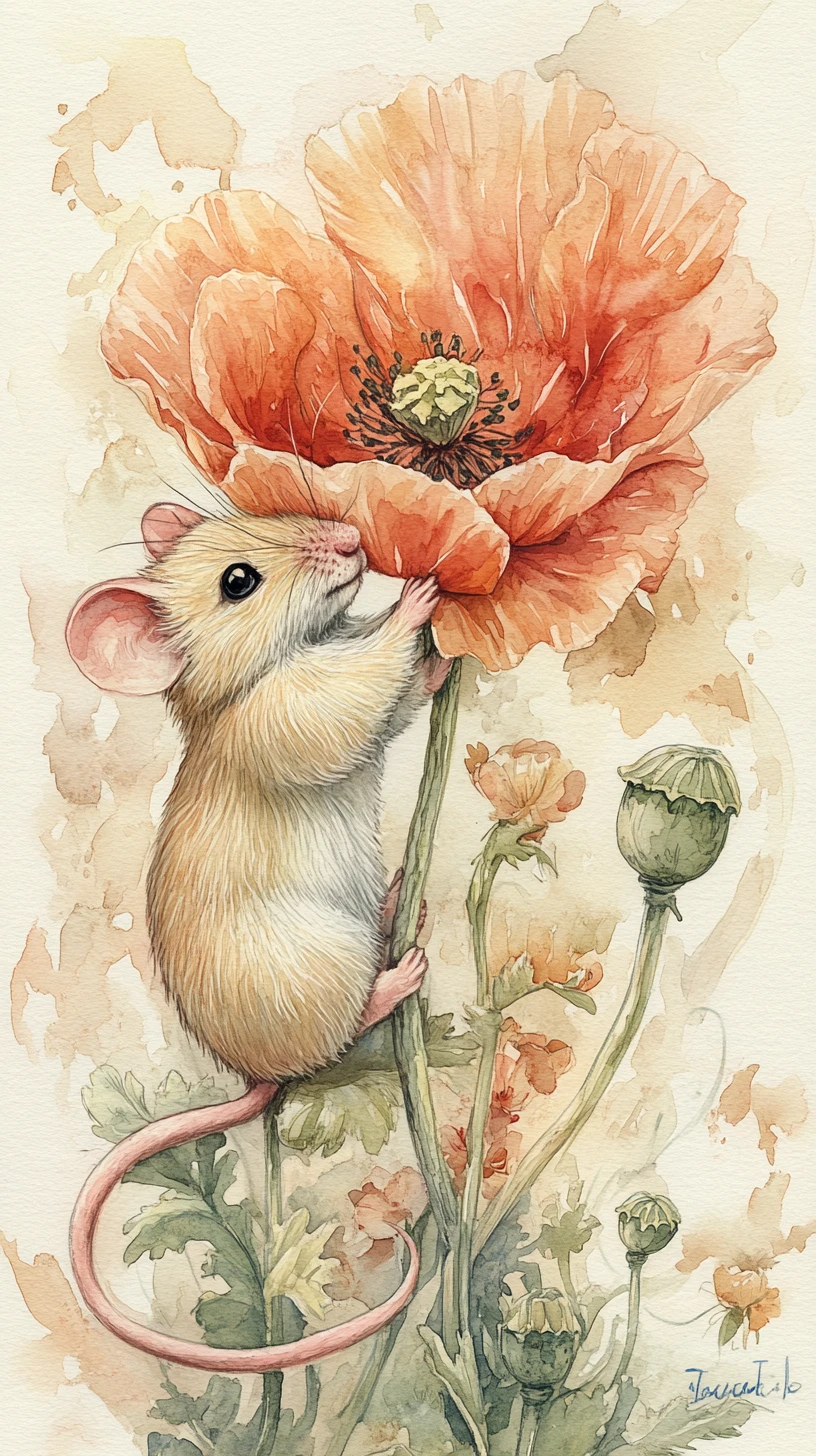 Rato fofo cheirando uma grande papoula em aquarela