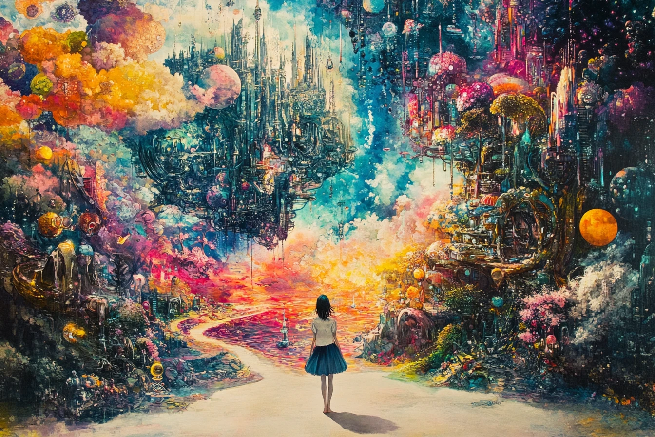 Sogno surreale anime e K‑pop in colori vibranti