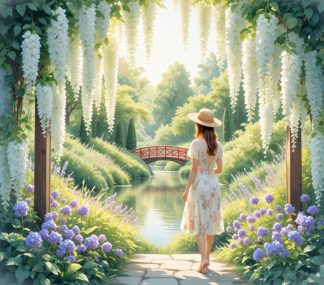 Woman in summer dress framed by white wisteria