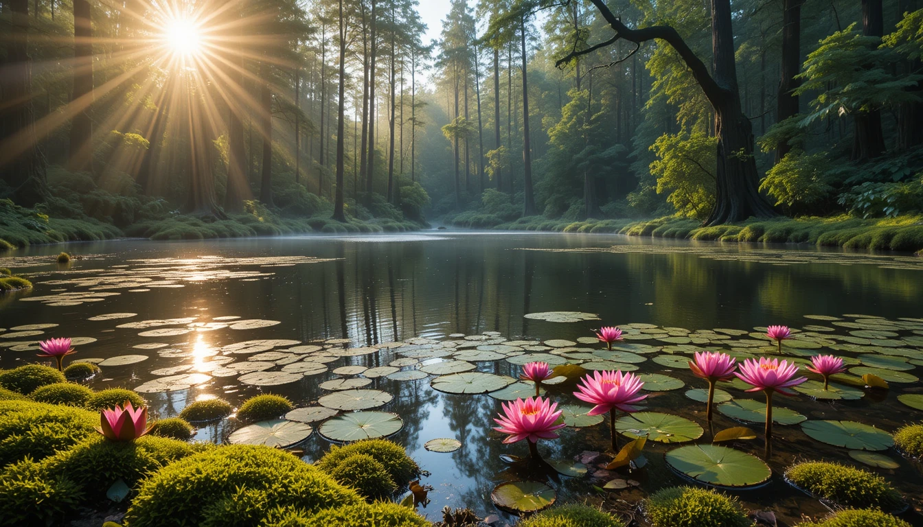 Lago sereno na floresta com vitórias-régias rosas em flor