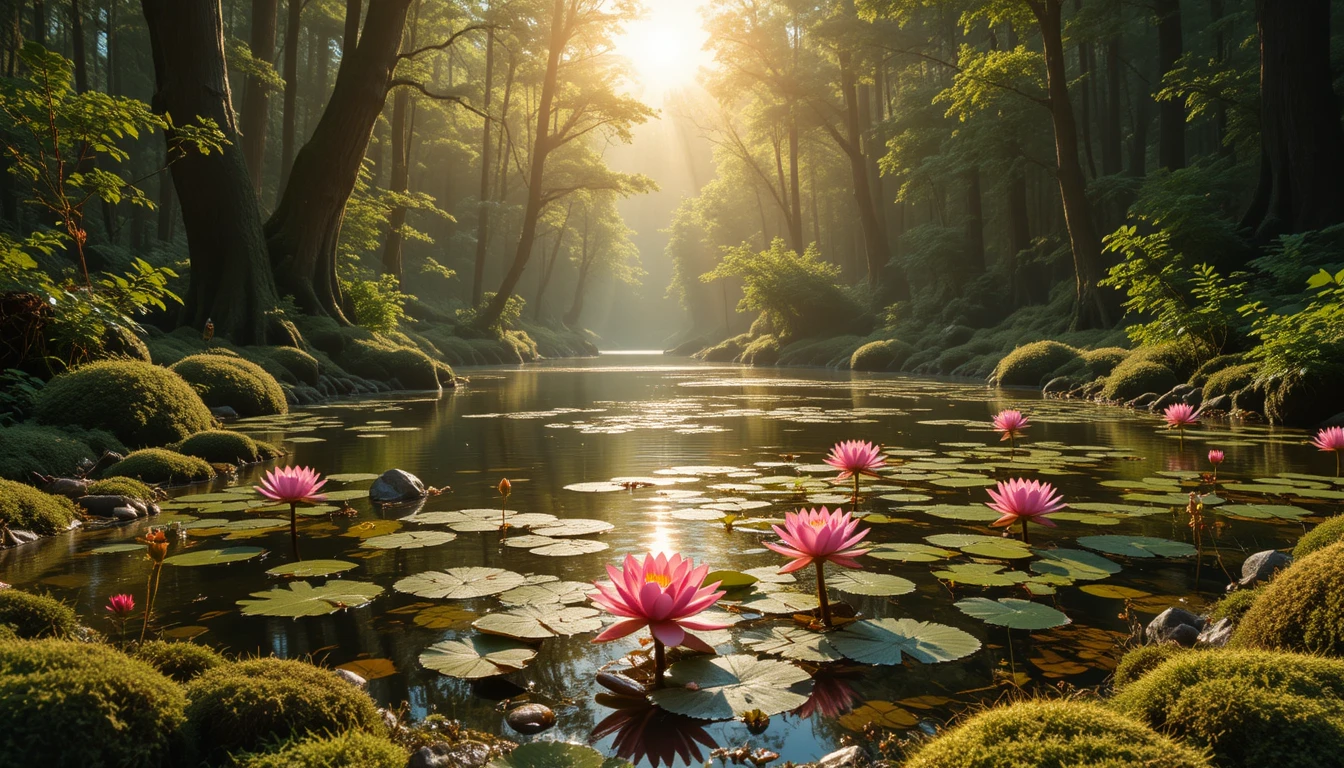Lago sereno na floresta com flores de lótus cor‑de‑rosa em flor