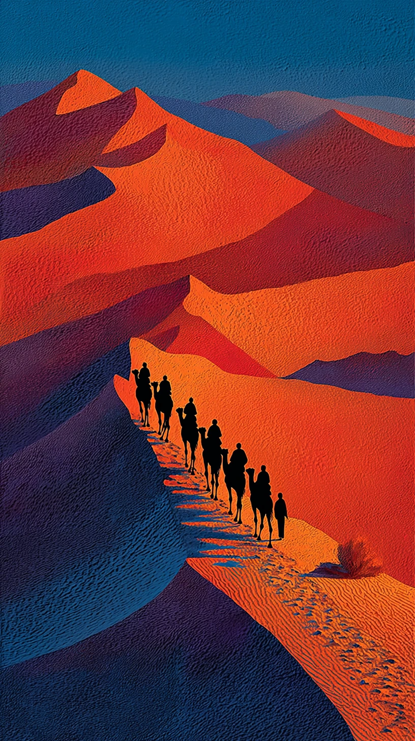 Caravana tuaregue de camelos cruzando dunas ensolaradas do Saara