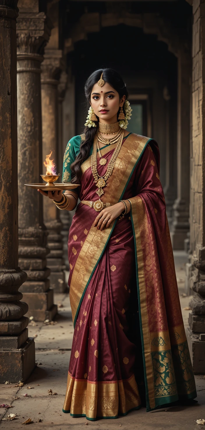 Südindische Braut im Kanchipuram-Seidensari im Tempel