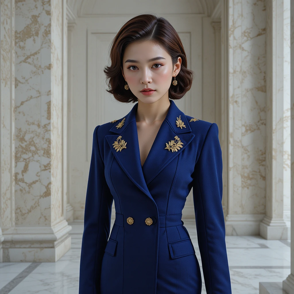 Femme coréenne en robe tailleur structurée bleue style victoire des années 1940