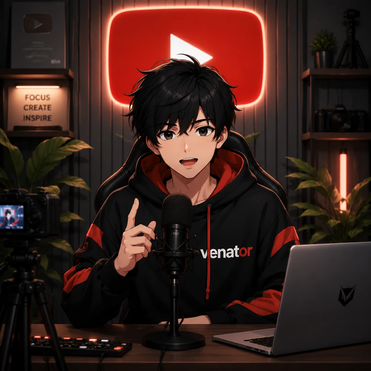 Garçon anime en streaming à un bureau avec microphone et ordinateur portable