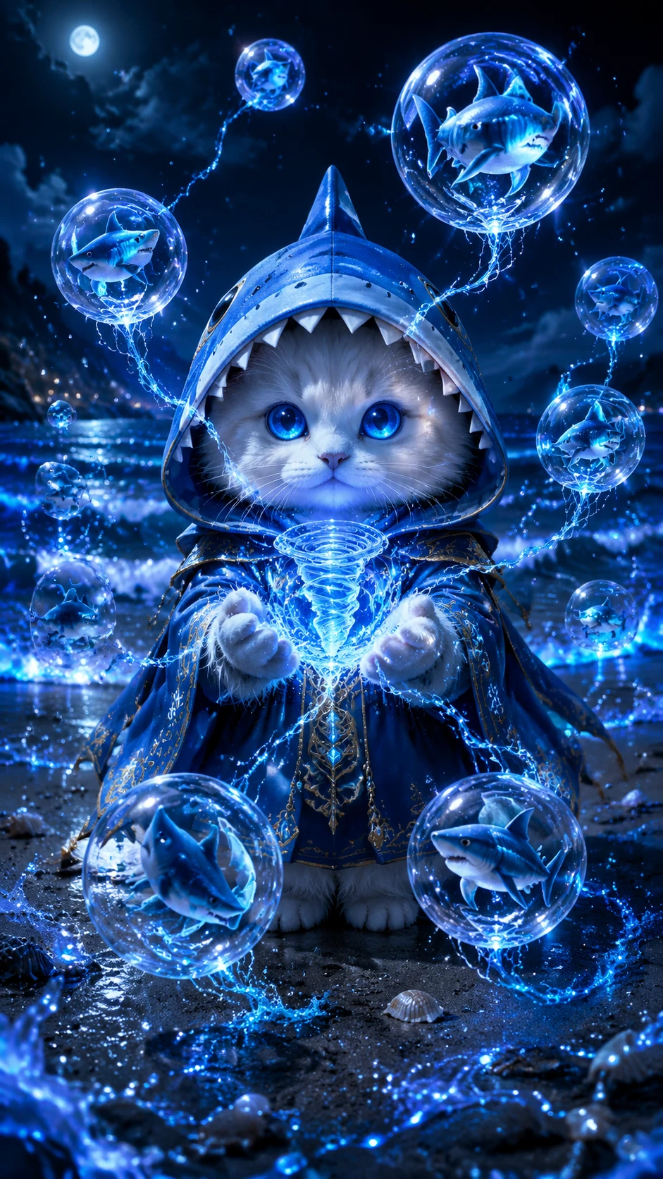 Mago gatinho fofinho de anime invocando orbes mágicos de água brilhantes