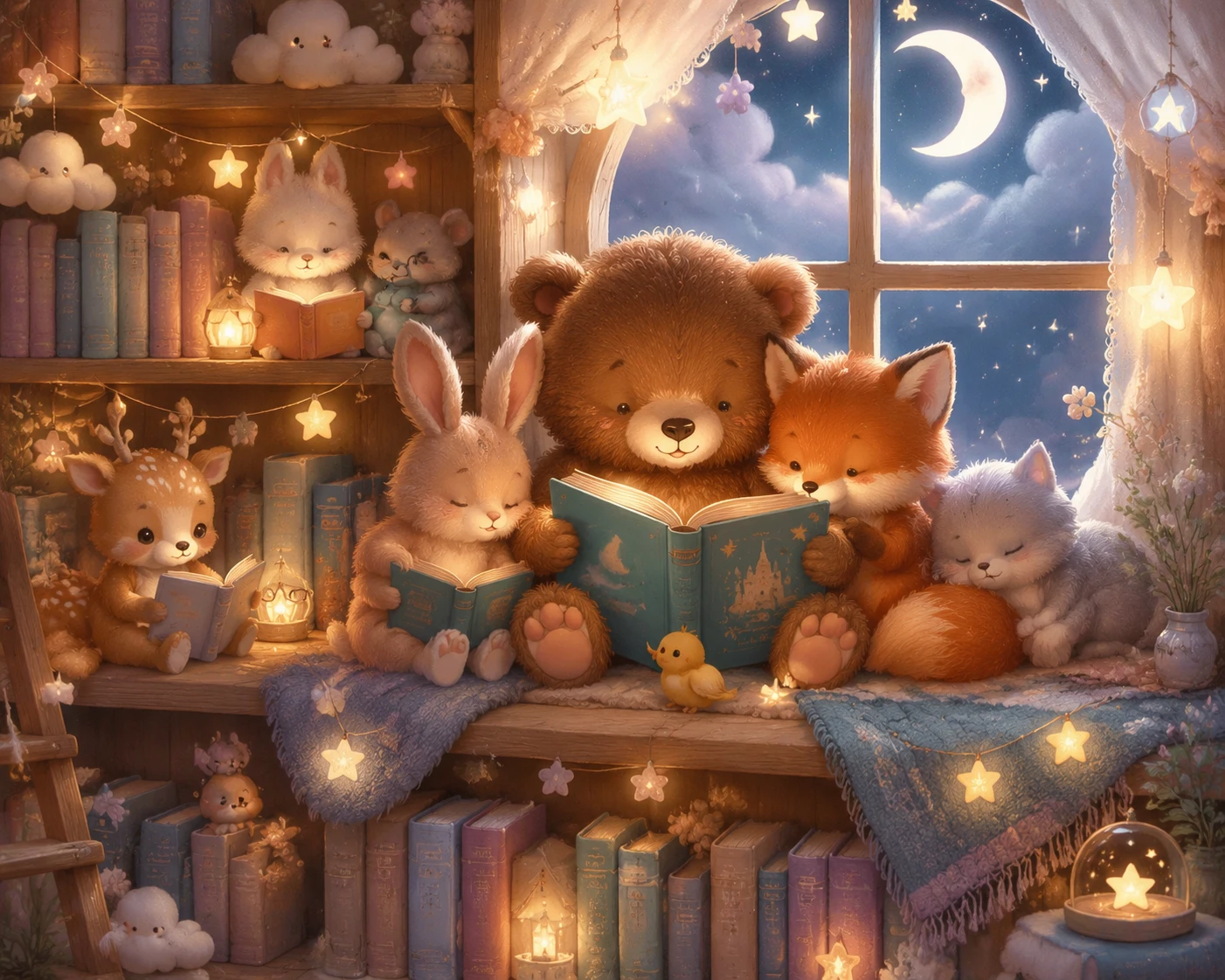 Piccoli animali leggono libri di fiabe su uno scaffale accogliente dai toni pastello