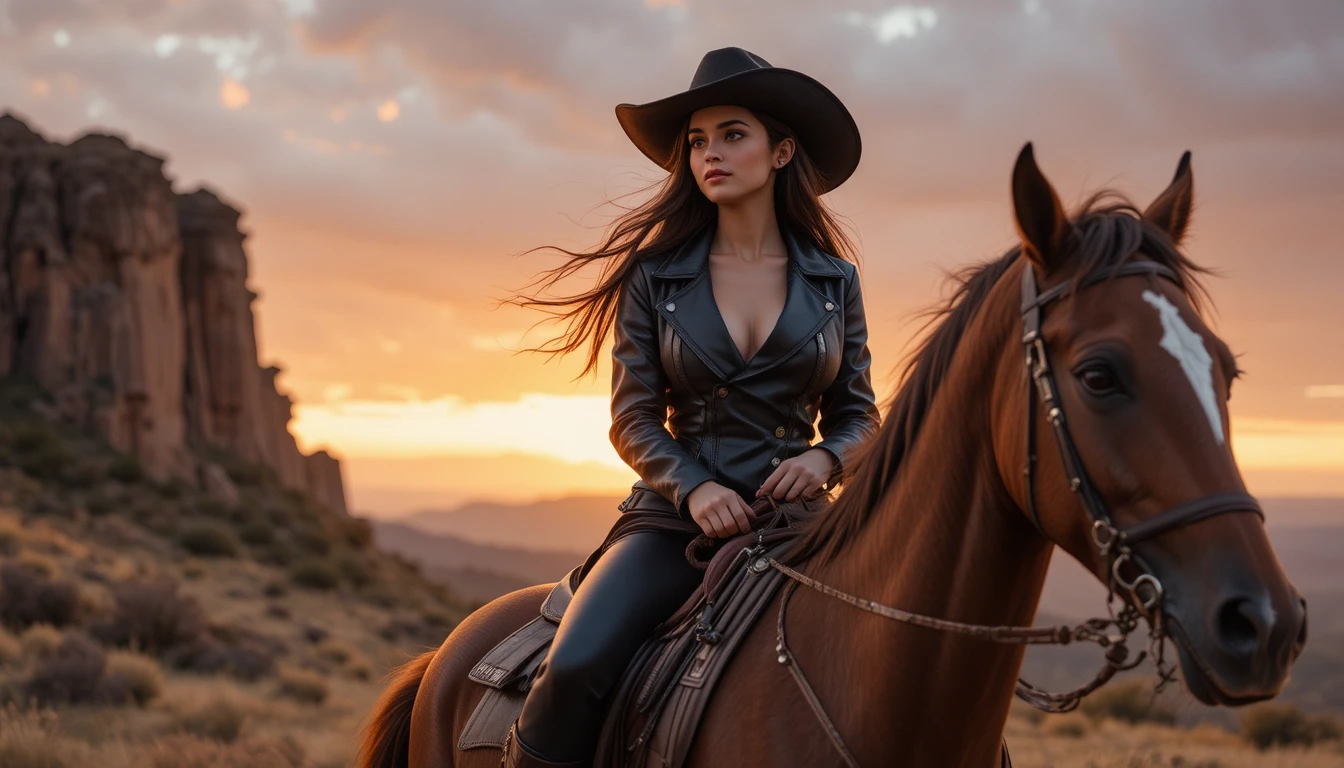 Giovane donna che cavalca un cavallo marrone al tramonto