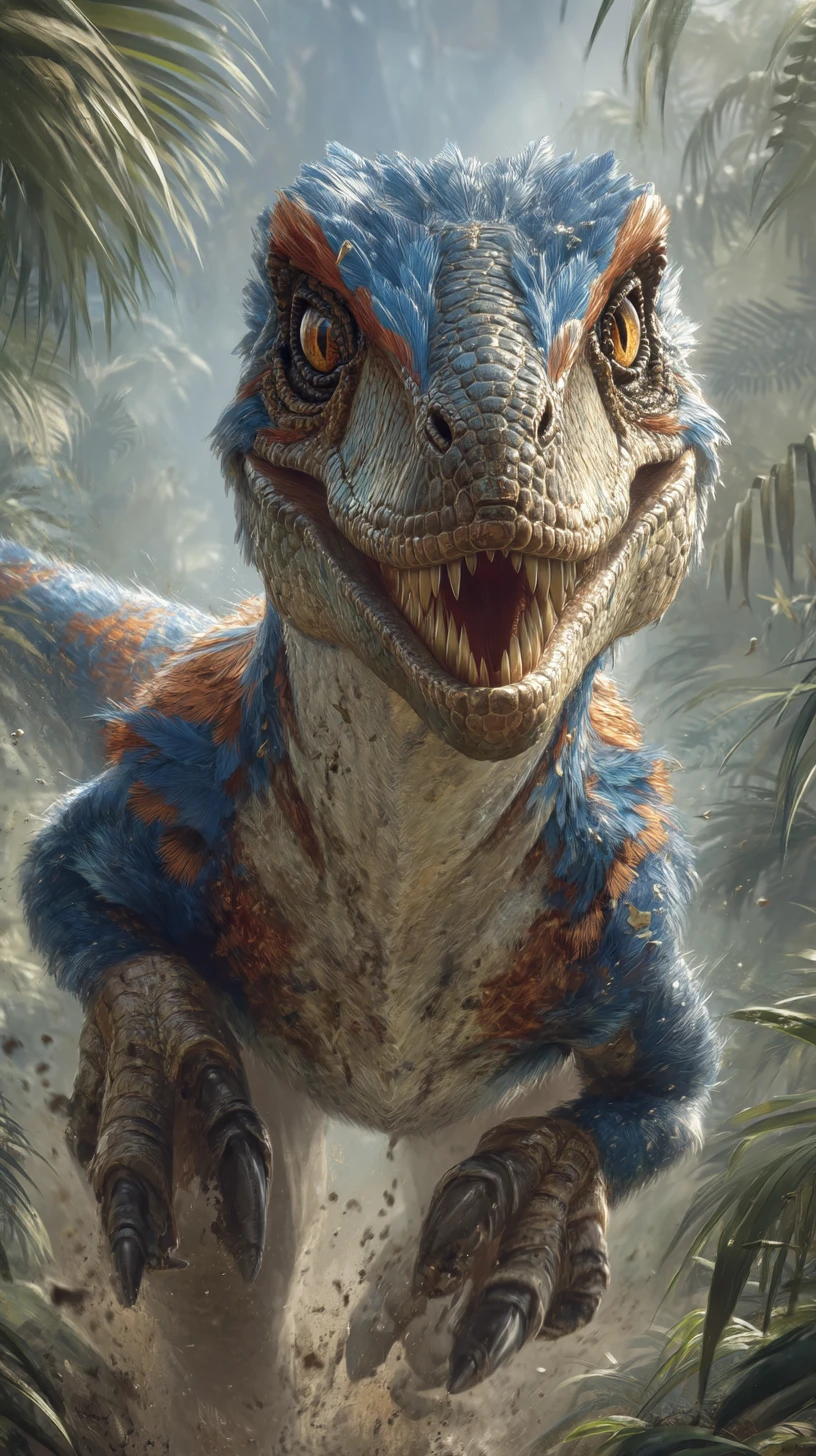 Velociraptor correndo pela floresta pré-histórica de samambaias banhada pelo sol