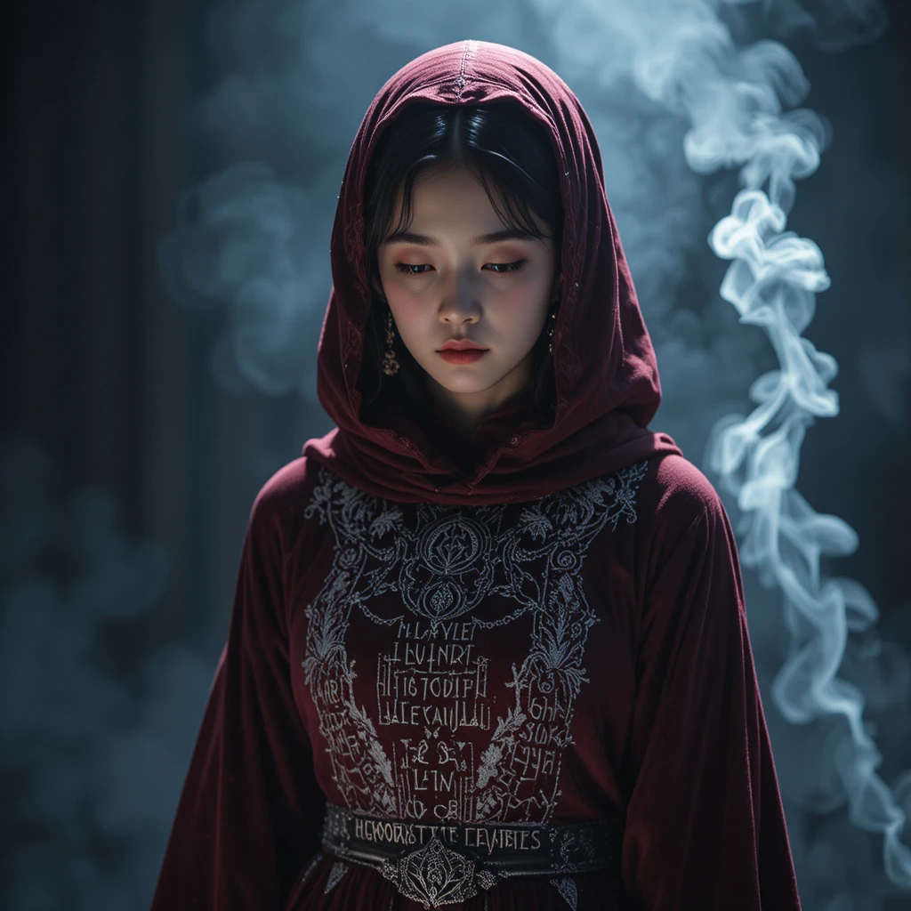 Caloura coreana solene em hábito eclesiástico de veludo vermelho