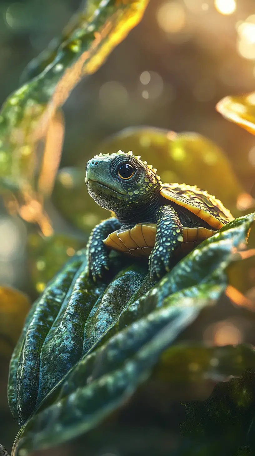 Winzige Baby-Schildkröte auf einem satten grünen Blatt
