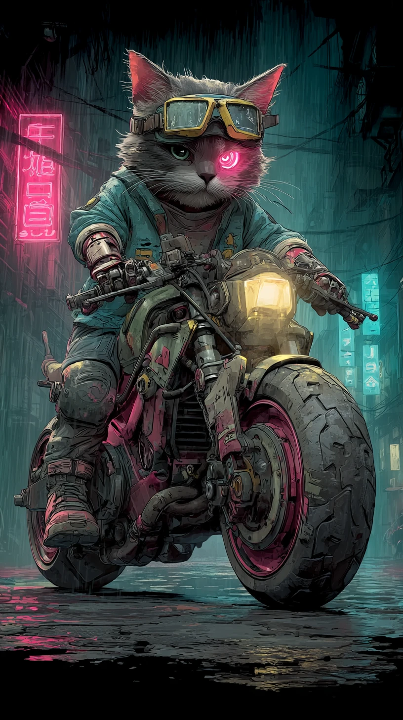 Gato cibernético mecânico consertando moto em beco neon