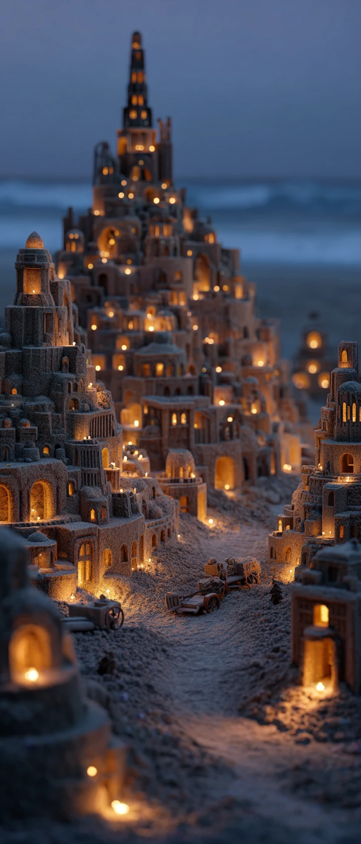 Cidade fantástica de castelos de areia em uma praia ao entardecer