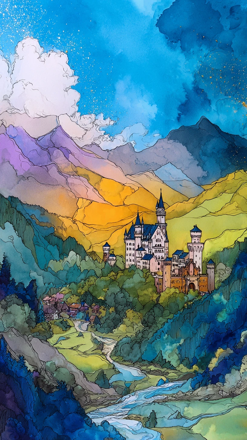 Pintura aquarela colorida de um castelo na montanha