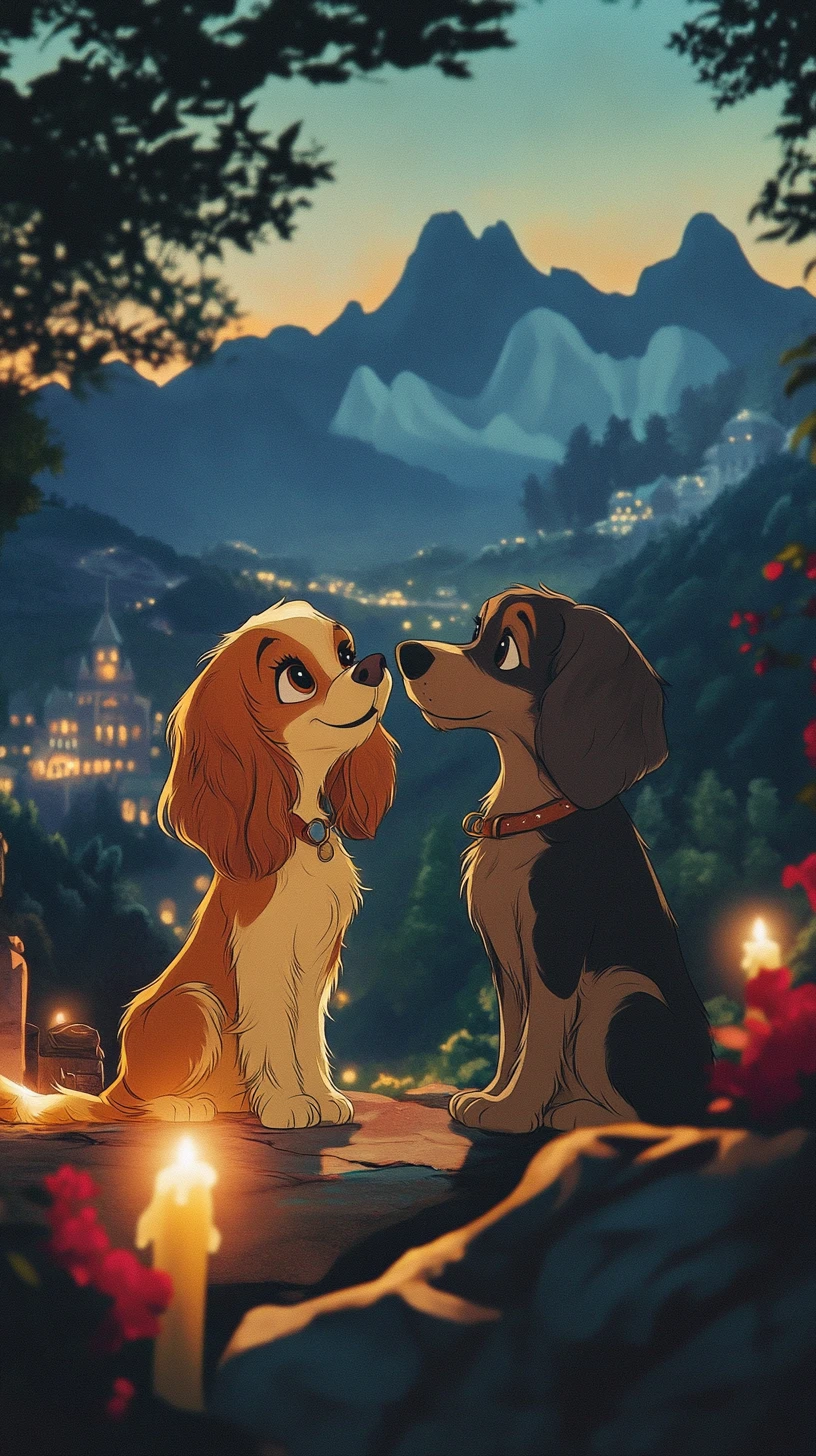 Casal de cachorros romântico em ilustração de montanha à luz de velas