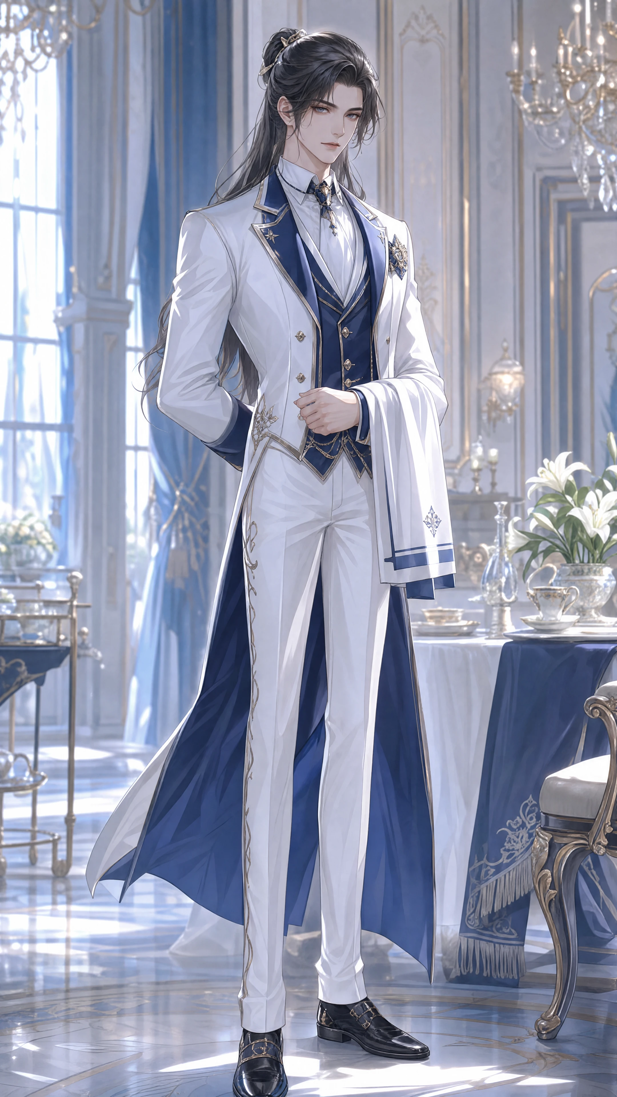 Garçom elegante em estilo anime com uniforme formal branco e azul