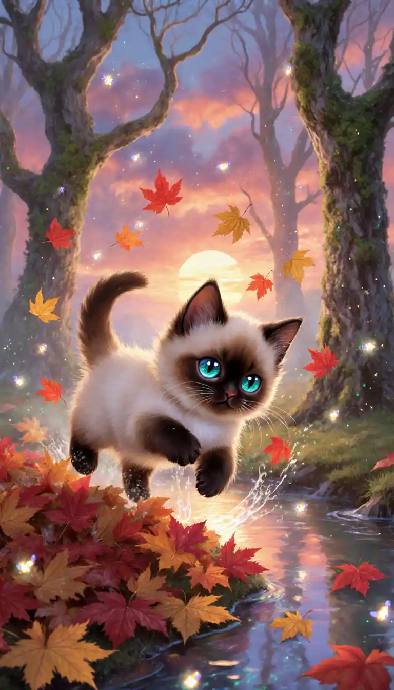 Chibi siamese kitten playing in magical autumn leaves