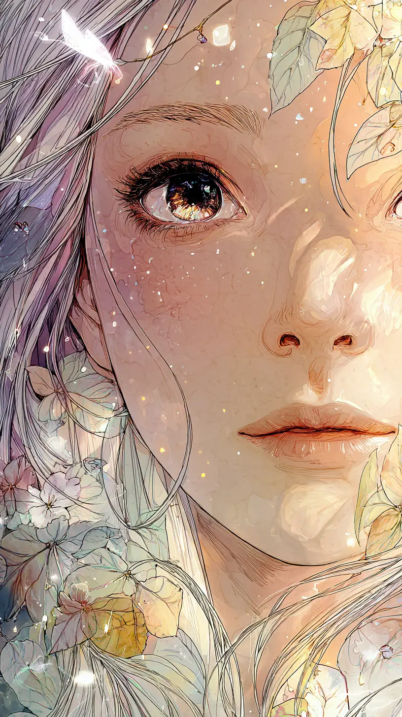 Celestial maiden close up with starlit constellation eyes