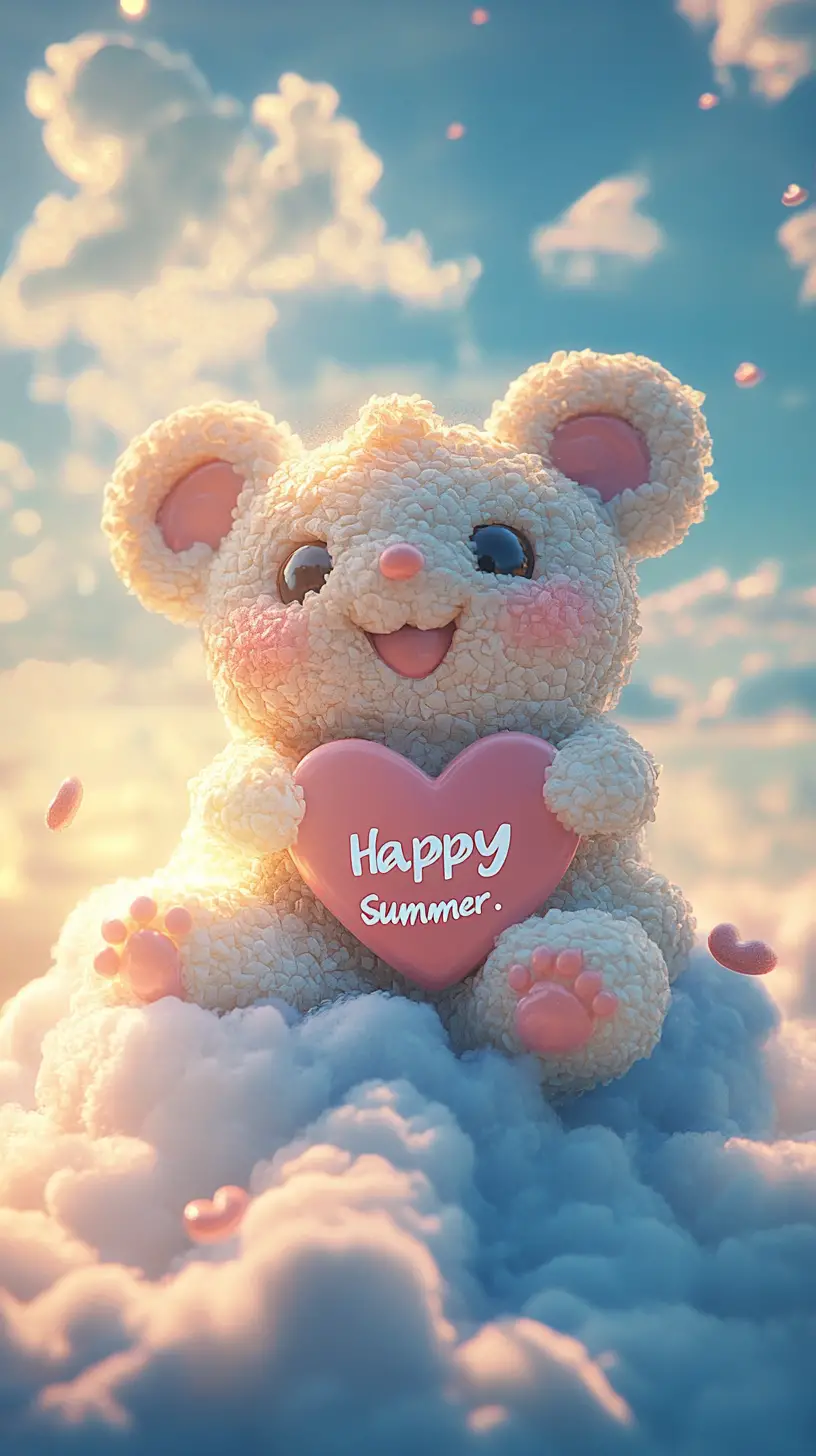 Niedliches Plüschhamsterchen auf einer Wolke mit Happy-Summer-Schild