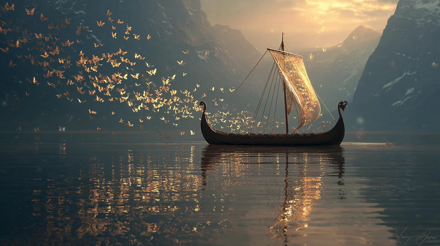 Long navire viking scintillant sur un lac paisible au lever du soleil
