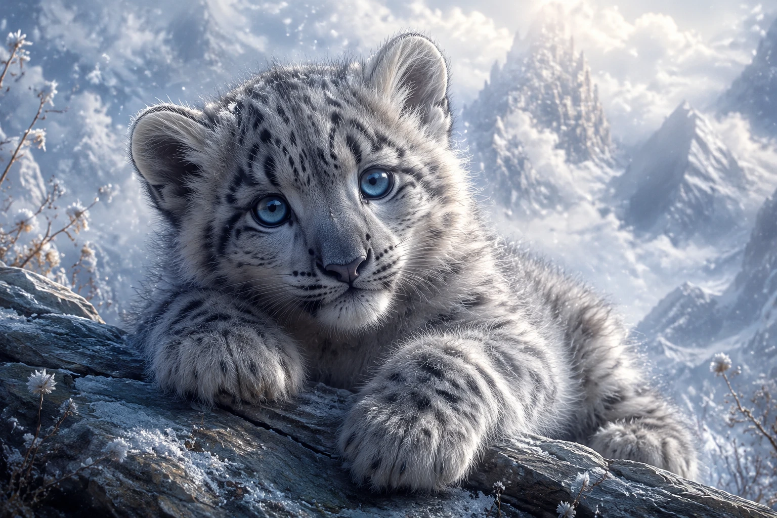 Filhote de leopardo-das-neves descansando em um penhasco montanhoso enevoado