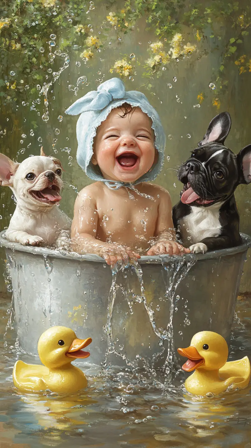 Lachendes Baby in der Wanne mit verspielten Französischen Bulldoggen