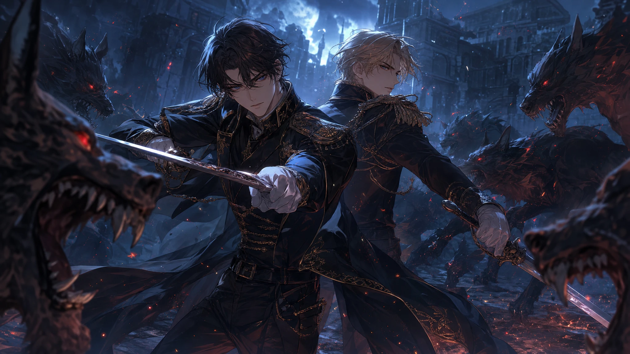 Oficiais de anime lutando costas com costas contra lobos demoníacos com espadas