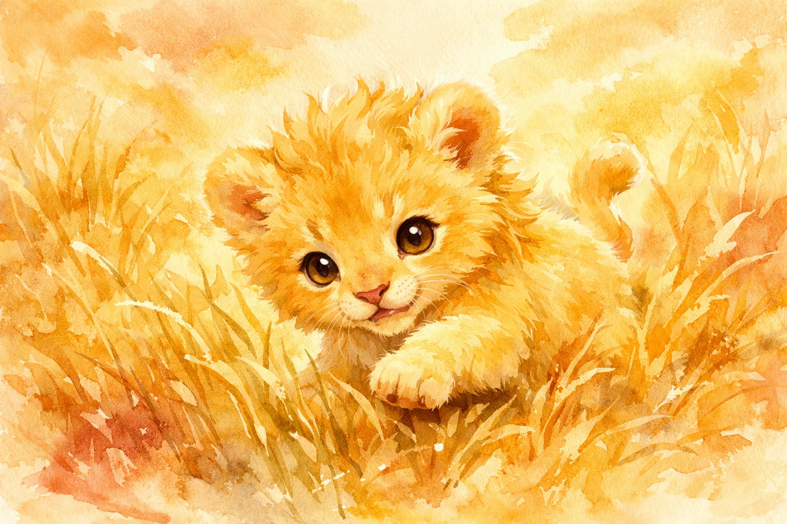 Aquarell-Löwenjunges spielt im hohen goldenen Savannengras