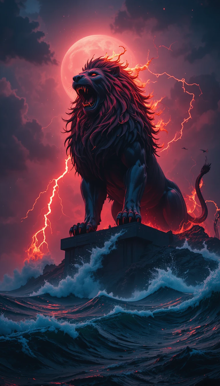 暴風黑海之上的巨大神火獅子雕像