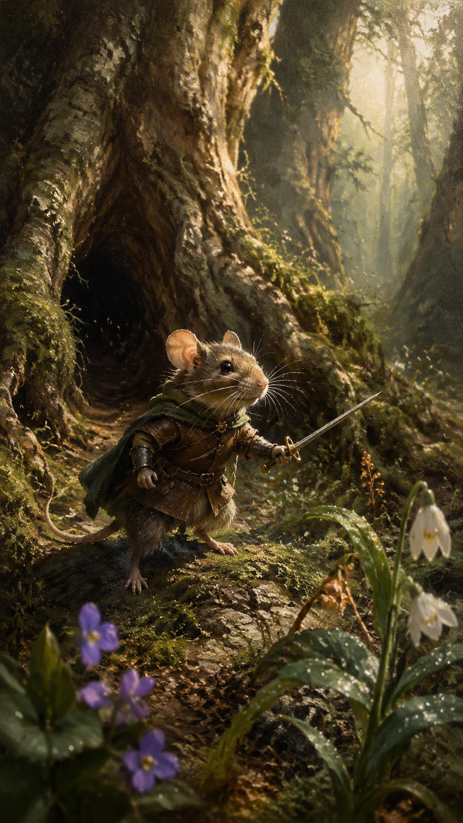Pequeno rato aventureiro cruzando o chão musgoso da floresta