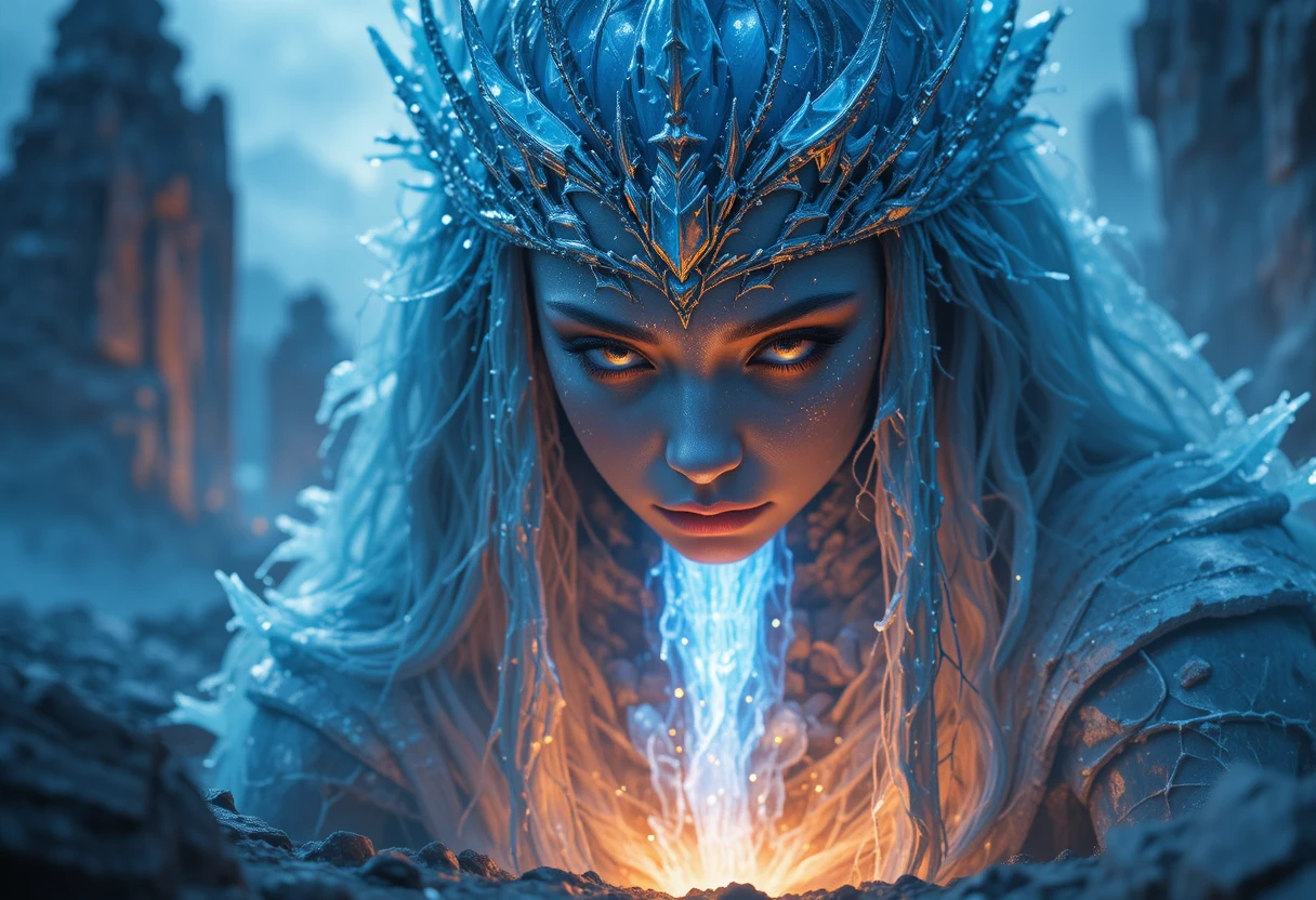 Ice crowned goddess gazing over fiery abyss below