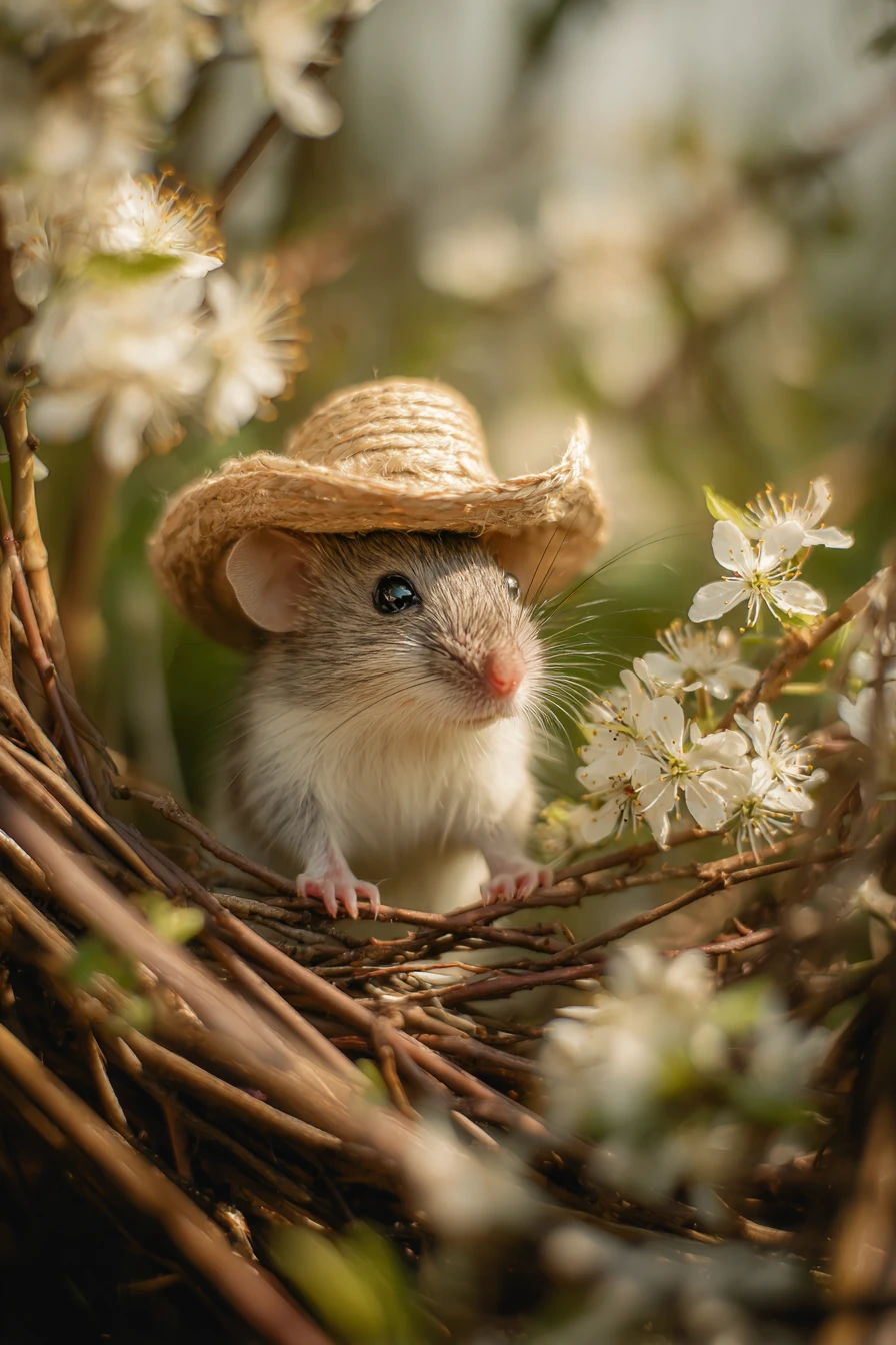 Süße kleine Maus mit Strohhut im Fantasiegarten