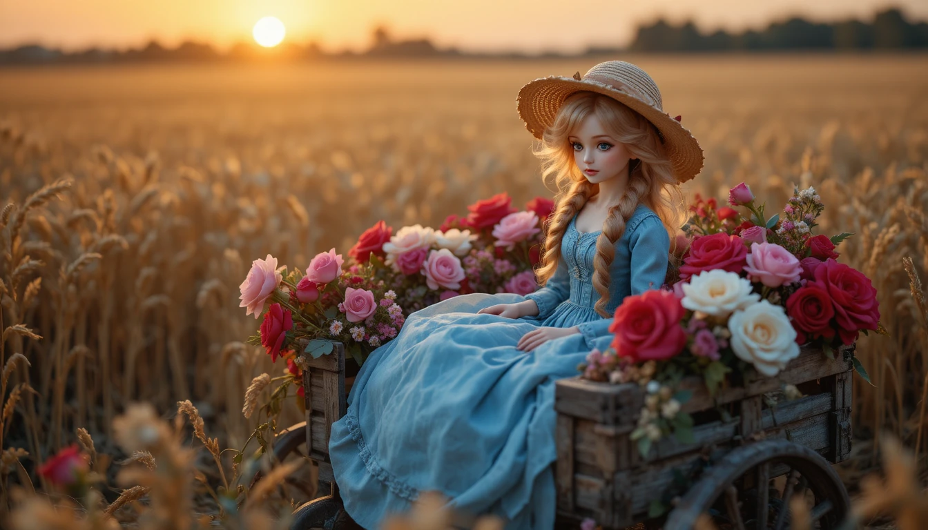 Boneca vintage de vestido azul entre rosas ao pôr do sol
