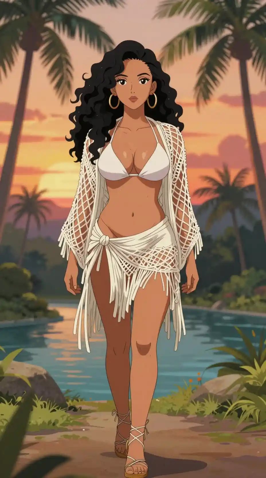 Anime-Frau im Bikini an einem tropischen Fluss bei Sonnenuntergang