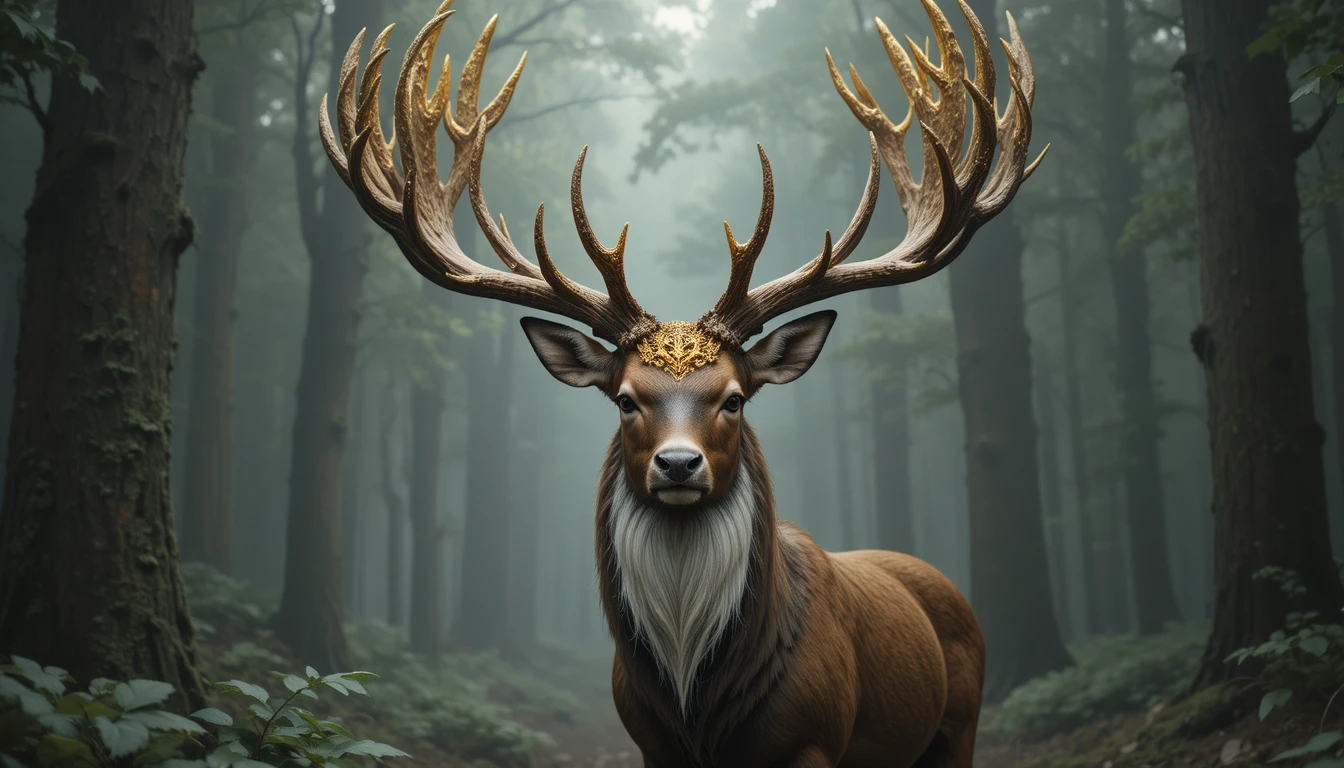 Cervo majestoso com chifres dourados em uma floresta enevoada
