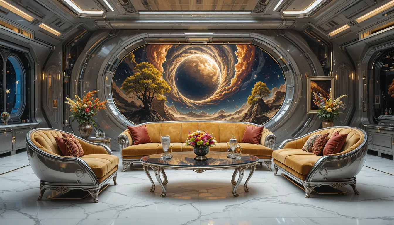 Divano rosso barocco futuristico davanti a un vorticoso dipinto cosmico