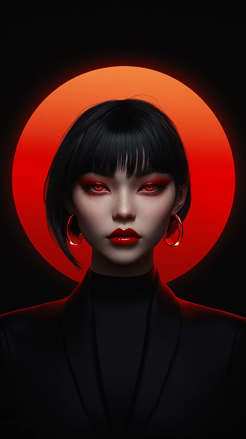 Mulher com olhos vermelhos brilhantes diante de um halo radiante