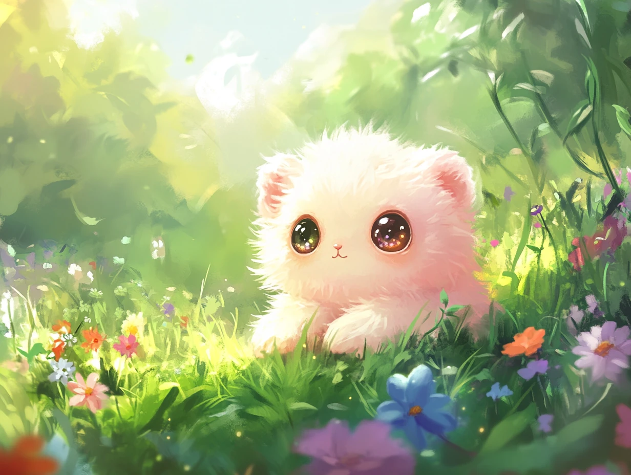 Cute Baby Animal In Pink Fur Sitting In Flower Meadow