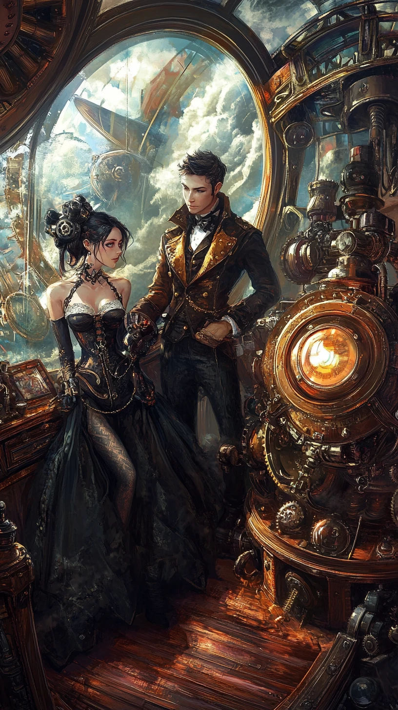 Ponte de dirigível steampunk com capitão e tripulação em estilo anime