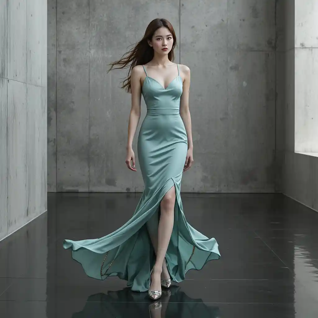 Donna coreana in slip dress color verde mare su pavimento di studio riflettente