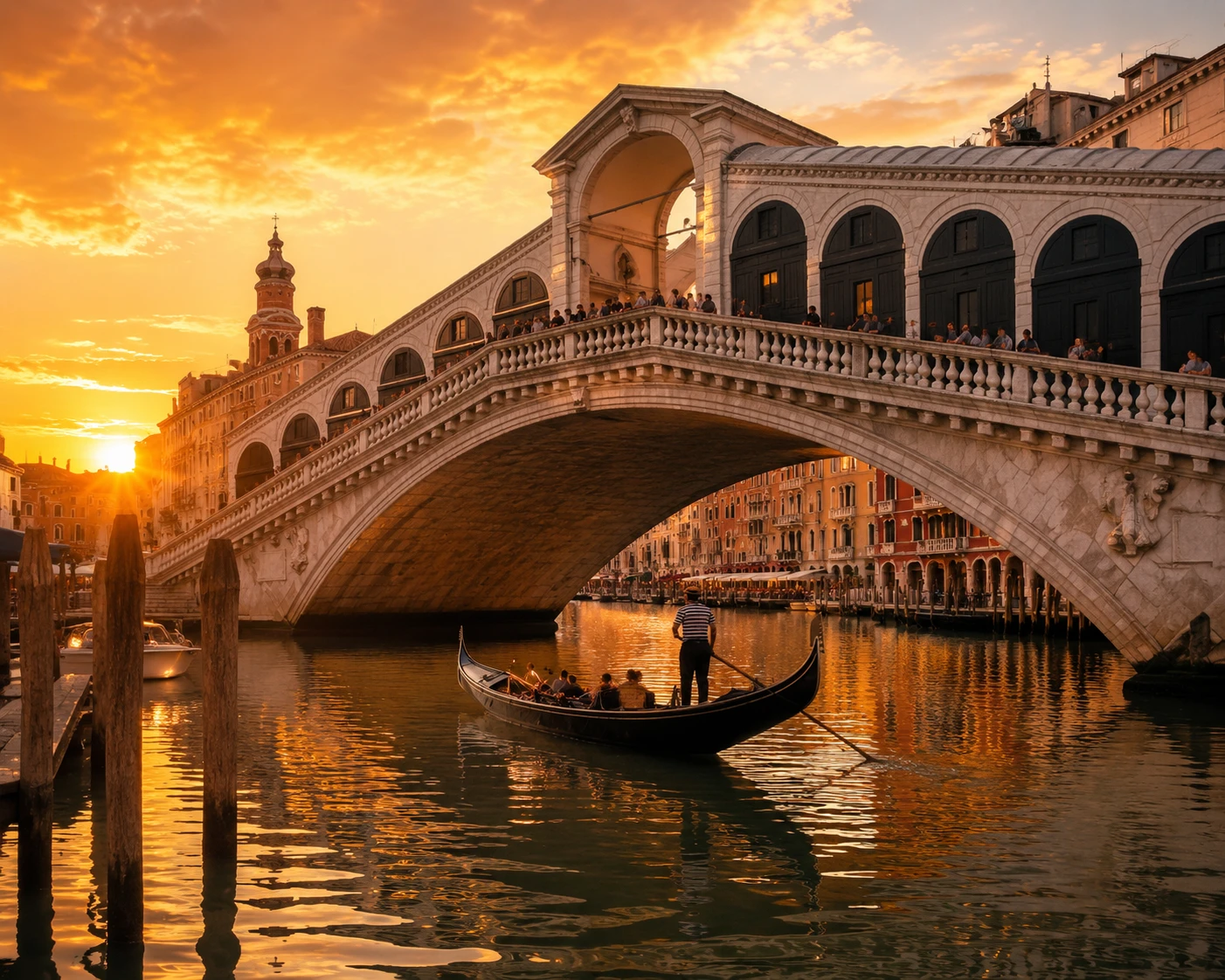Rialtobrücke und Gondel auf dem Canal Grande in Venedig bei Sonnenuntergang