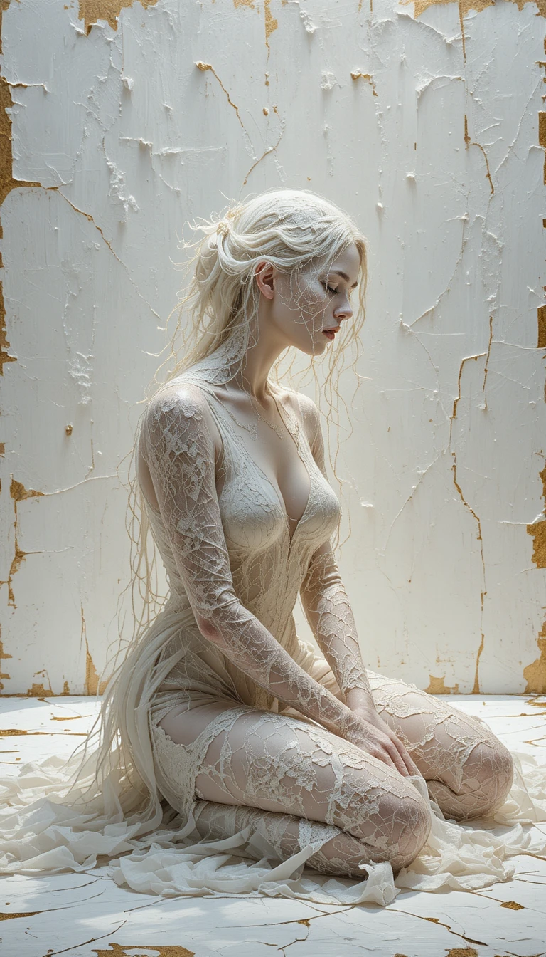 Woman in lace sitting on floor against muted white background