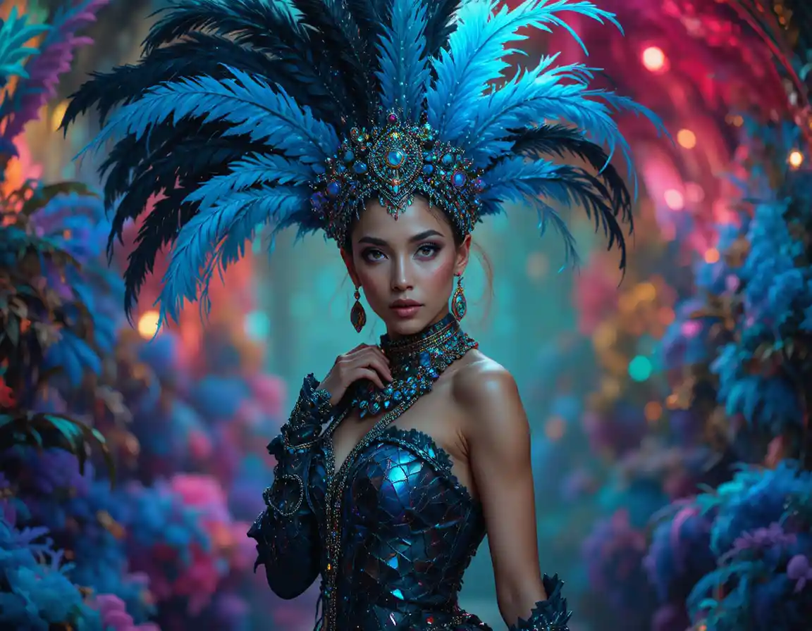 Mulher confiante em fantasia de carnaval com plumas sob iluminação vibrante