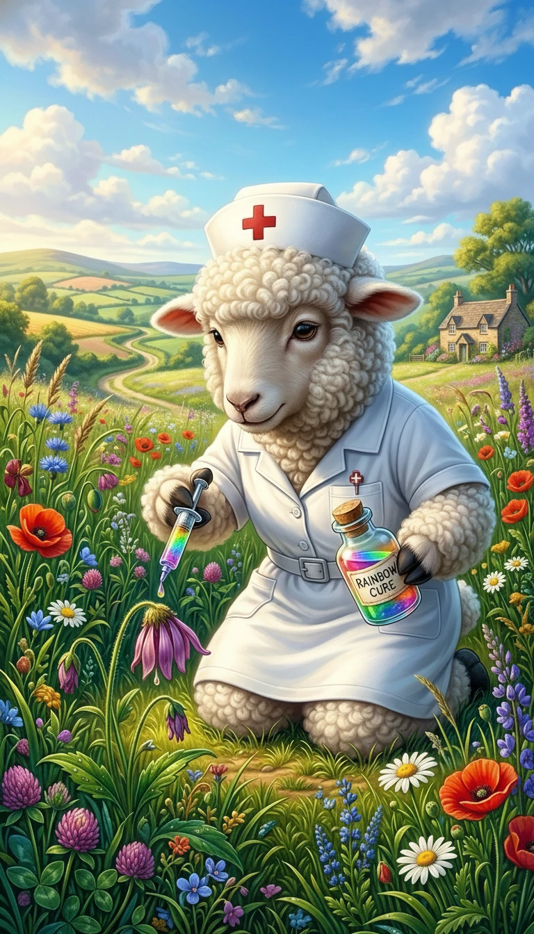 Süßes Krankenpfleger-Schaf gibt einer Blume Regenbogenmedizin