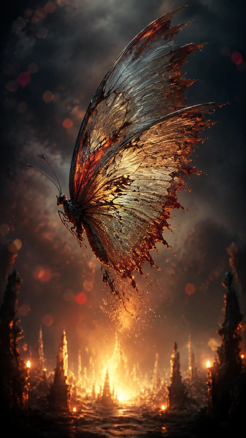 Borboleta esfarrapada e translúcida subindo por um céu sombrio e surreal