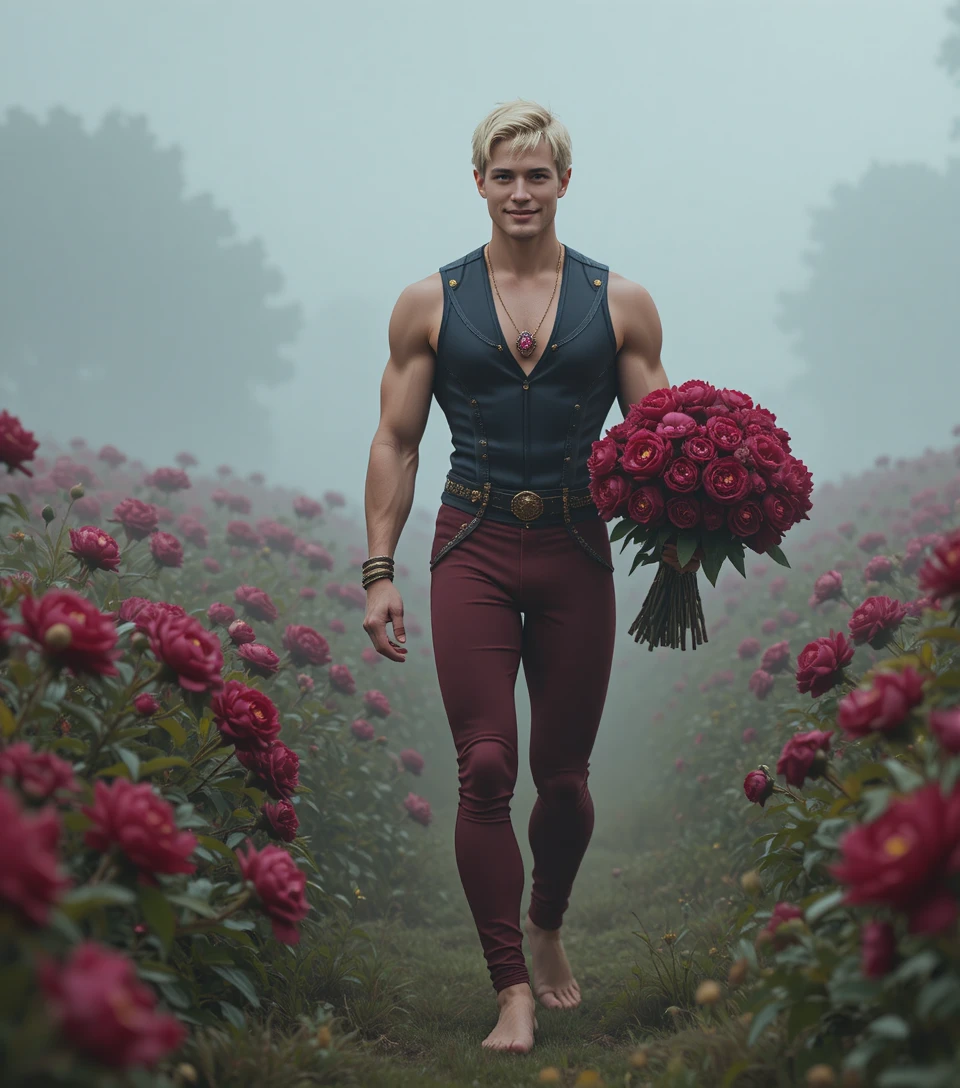 Homme blond pieds nus marchant dans un champ de fleurs brumeux