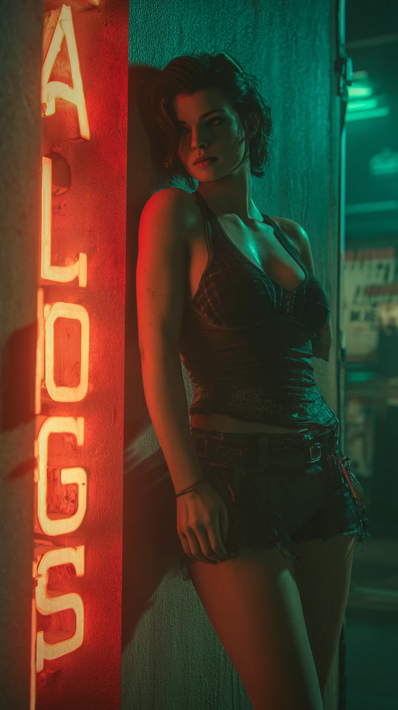 Woman leaning on neon lit wall in cinematic night street