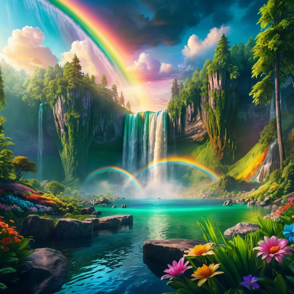 雄偉奇幻瀑布傾瀉於水晶翡翠湖畔