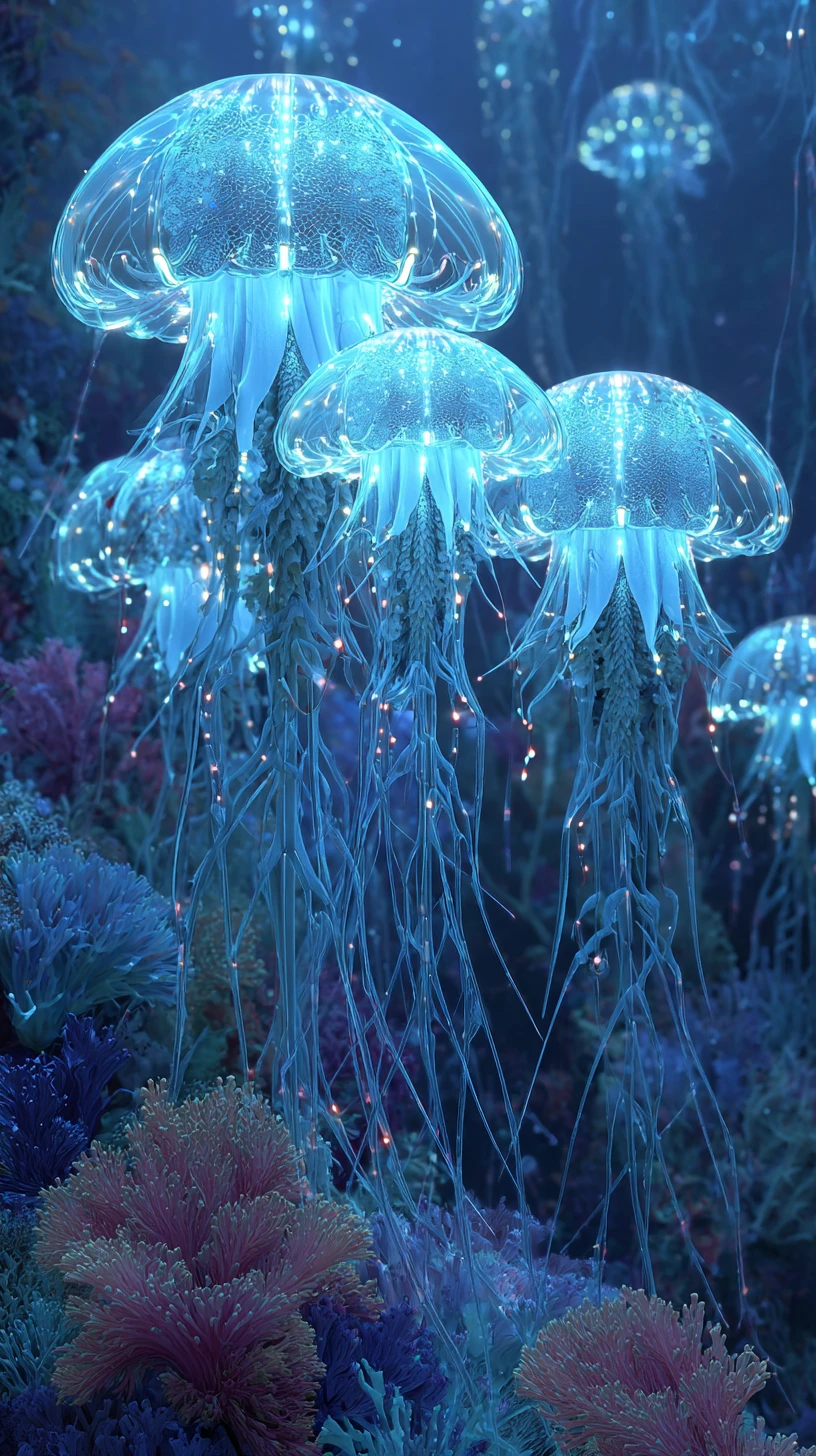 Méduses futuristes sous-marines dans un jardin de coraux néon